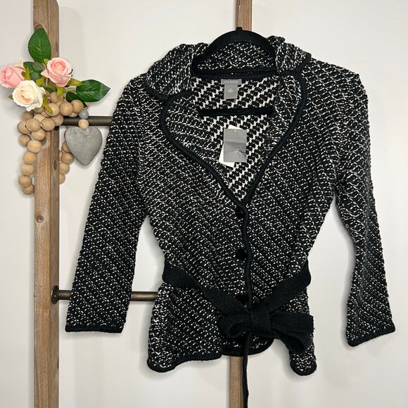 Ann Taylor NWT Black Ivory Wool Blend Tweed Blazer with Belt Tie Size‎ X Small - Picture 1 of 7